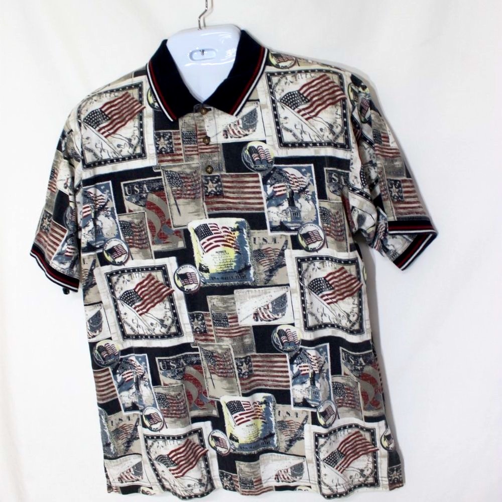 BOCA CLASSICS   Navy Blue Patriotic Polo Shirt Size Large American Flag S/S